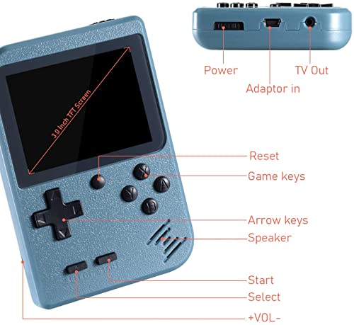 Hbaid Consola de juegos portátil, consola retro del juego con 500 juegos clásicos, consola de juegos LCD de 3,0, soporta el modo de dos jugadores, batería recargable de 1020 mAh (Foschia azul)