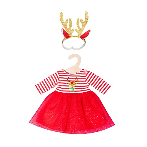 Heless 1151-Vestido de Navidad para muñecas con diseño de Reno RUDI (Incluye Cinta para el Pelo con Cuernos Dorados, tamaño 28-35 cm), Color Rojo (1151)