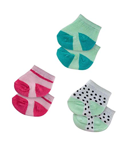 Heless 1731 – Calcetines para muñecas, en los Colores, Rosa y Verde Menta con Lunares Negros, 3 Pares, Talla 28 – 35, Blanco