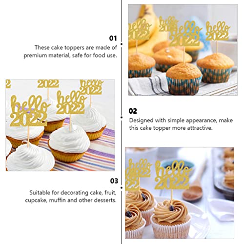 Hello 2022 Cake Cupcake Topper: 24Pcs Brillo Año Nuevo Pastel Toppers Vítores a 2022 Cupcake Picks Feliz Año Nuevo Eva Fiesta de Cumpleaños Suministros de Decoración ( Dorado )