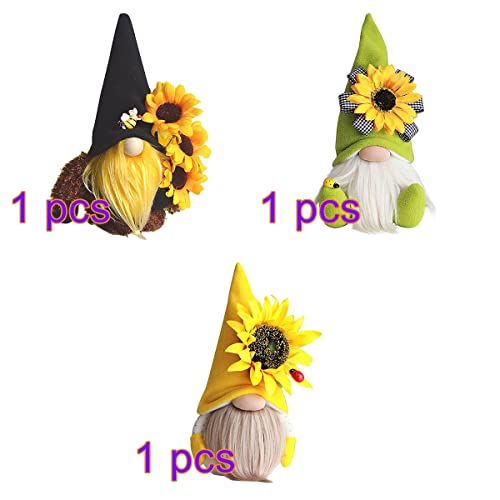 HELTER 3 piezas de gnomos de abeja primavera girasol muñeca decoración, gnomo de girasol, gnomo de verano, primavera enana sin rostro, lindas muñecas de girasol de felpa