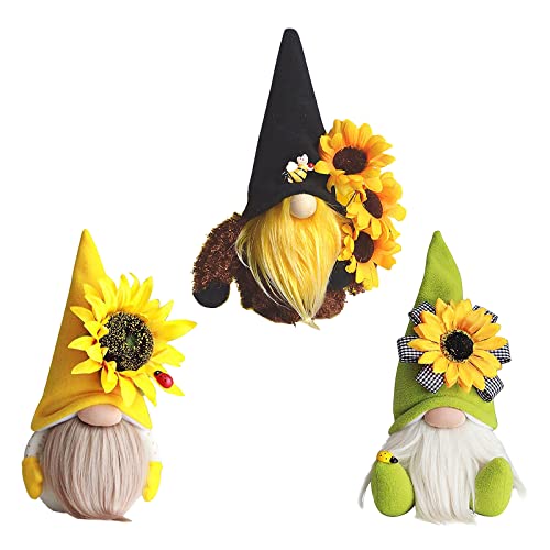 HELTER 3 piezas de gnomos de abeja primavera girasol muñeca decoración, gnomo de girasol, gnomo de verano, primavera enana sin rostro, lindas muñecas de girasol de felpa