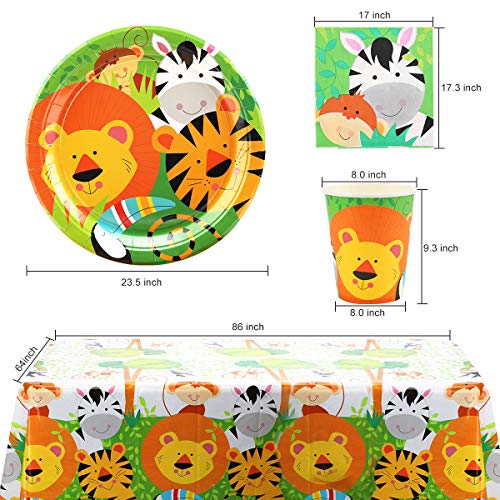 Herefun 53 Piezas Vajilla Animales de la Jungla Cumpleaños, Accesorio de Fiesta de Cumpleaños para 16 Niños, Incluye 16 Vasos, 16 Platos, 20 Servilletas y 1 Mantel