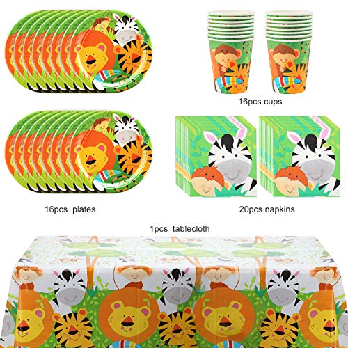 Herefun 53 Piezas Vajilla Animales de la Jungla Cumpleaños, Accesorio de Fiesta de Cumpleaños para 16 Niños, Incluye 16 Vasos, 16 Platos, 20 Servilletas y 1 Mantel