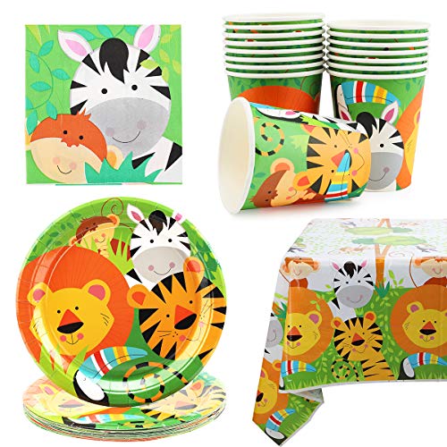 Herefun 53 Piezas Vajilla Animales de la Jungla Cumpleaños, Accesorio de Fiesta de Cumpleaños para 16 Niños, Incluye 16 Vasos, 16 Platos, 20 Servilletas y 1 Mantel