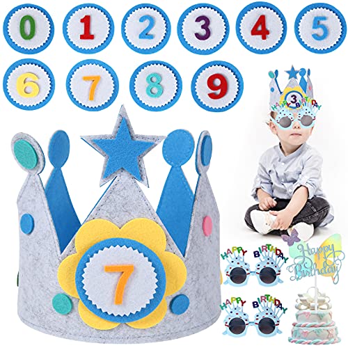 Herefun Corona Tela Cumpleaños, Corona Cumpleaños y Fiestas Niño Niña, Corona de Cumpleaños de Bebé, Corona Cumpleaños Ajustable Infantiles con números del 0 al 9, Decoración De La Corona