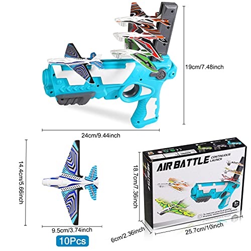 Herefun Juego de Disparos Juguete de avión, Avión de Lanzamiento Eyección un Clic para Exteriores, Juguete de avión de catapulta con 4 Avión de Espuma para niños de 3 años En Adelante (Azul)