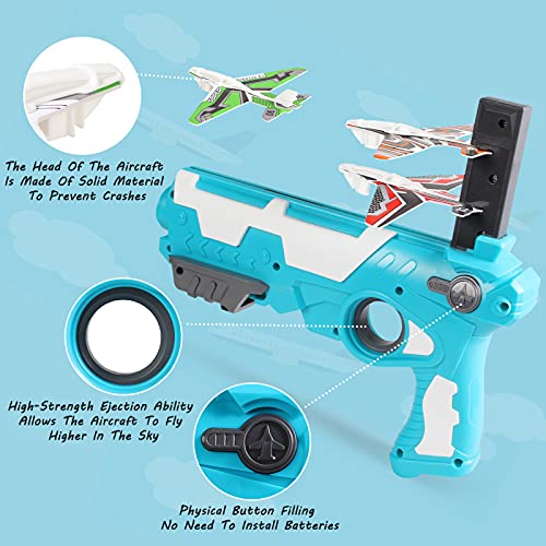 Herefun Juego de Disparos Juguete de avión, Avión de Lanzamiento Eyección un Clic para Exteriores, Juguete de avión de catapulta con 4 Avión de Espuma para niños de 3 años En Adelante (Azul)