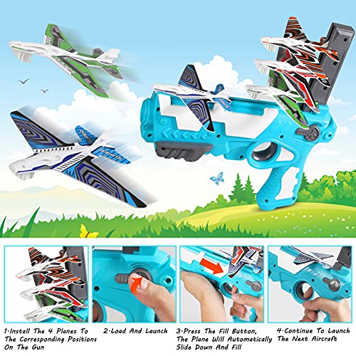 Herefun Juego de Disparos Juguete de avión, Avión de Lanzamiento Eyección un Clic para Exteriores, Juguete de avión de catapulta con 4 Avión de Espuma para niños de 3 años En Adelante (Azul)