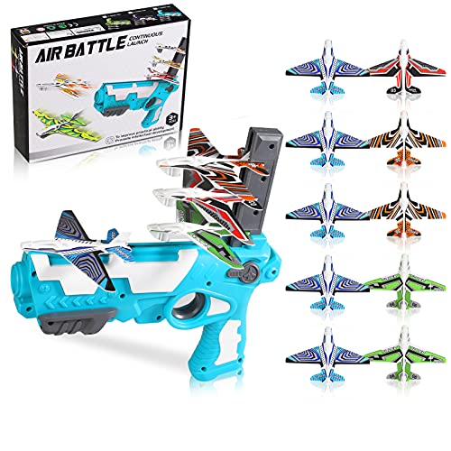 Herefun Juego de Disparos Juguete de avión, Avión de Lanzamiento Eyección un Clic para Exteriores, Juguete de avión de catapulta con 4 Avión de Espuma para niños de 3 años En Adelante (Azul)