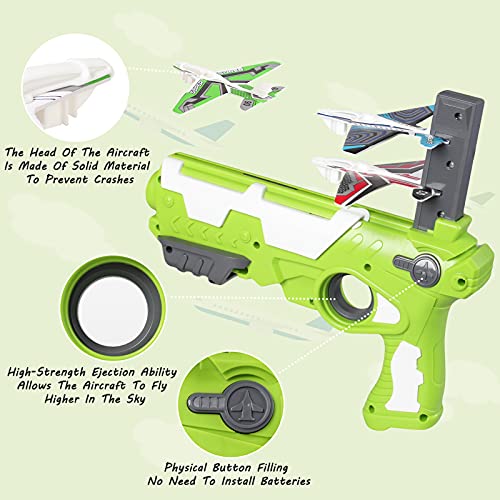 Herefun Juego de Disparos Juguete de avión, Avión de Lanzamiento Eyección un Clic para Exteriores, Juguete de avión de catapulta con 4 Avión de Espuma para niños de 3 años En Adelante (Pasto Verde)