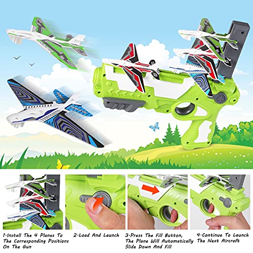 Herefun Juego de Disparos Juguete de avión, Avión de Lanzamiento Eyección un Clic para Exteriores, Juguete de avión de catapulta con 4 Avión de Espuma para niños de 3 años En Adelante (Pasto Verde)