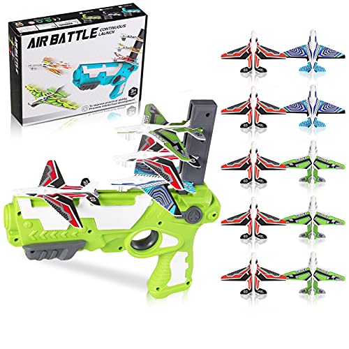 Herefun Juego de Disparos Juguete de avión, Avión de Lanzamiento Eyección un Clic para Exteriores, Juguete de avión de catapulta con 4 Avión de Espuma para niños de 3 años En Adelante (Pasto Verde)