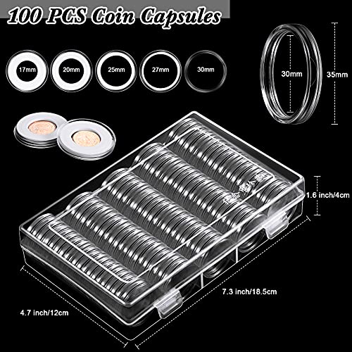 Hicarer 100 Piezas Fundas de Cápsulas de Monedas con Junta de Espuma Cajas de Moneda de 30 mm y 100 Fundas Transparente de Billetes con Fundas de Caja de Almacenamiento de Dinero