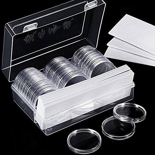 Hicarer 30 Piezas 46 mm Cápsulas de Monedas y 30 Piezas Junta Protectora Caja Funda de Moneda con Caja Organizador de Almacenaje de Plástico para Materiales de Collección de Monedas (Tamaño A)