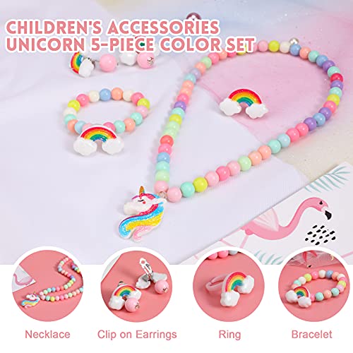 Hifot Unicornio Peluche Bolso con Joyas para Niño, Lindos Unicornio Collar Pulsera Anillo Pendientes, Princesa Joya Regalo Fiesta Accesorios Vestido Dress up