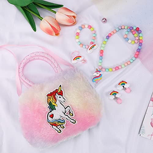 Hifot Unicornio Peluche Bolso con Joyas para Niño, Lindos Unicornio Collar Pulsera Anillo Pendientes, Princesa Joya Regalo Fiesta Accesorios Vestido Dress up