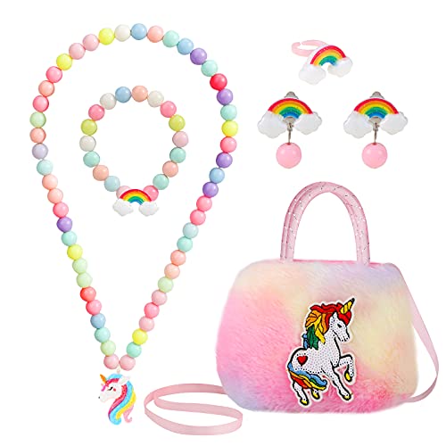 Hifot Unicornio Peluche Bolso con Joyas para Niño, Lindos Unicornio Collar Pulsera Anillo Pendientes, Princesa Joya Regalo Fiesta Accesorios Vestido Dress up