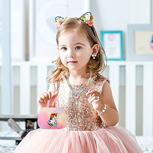 Hifot Unicornio Peluche Bolso con Joyas para Niño, Lindos Unicornio Collar Pulsera Anillo Pendientes, Princesa Joya Regalo Fiesta Accesorios Vestido Dress up