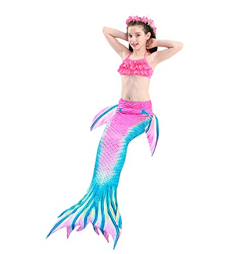 Hifunbay Cola de Sirena Niña para Nadar Incluido Traje de Sirena Baño de Bikini de 3 Piezas y Diadema con Guirnaldas de Flores sin monoaleta (DH61-B07, 120)