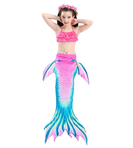 Hifunbay Cola de Sirena Niña para Nadar Incluido Traje de Sirena Baño de Bikini de 3 Piezas y Diadema con Guirnaldas de Flores sin monoaleta (DH61-B07, 120)