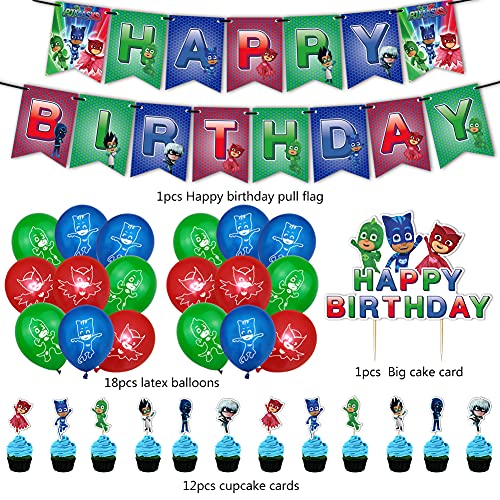 Hilloly 32 pcs PJ Masks Globos Pancarta de Feliz Cumpleaños Adornos para Pastel de Juegos para Niños Cake Topper Pijamas Enmascarados para Fiesta de cumpleaños Decoraciones