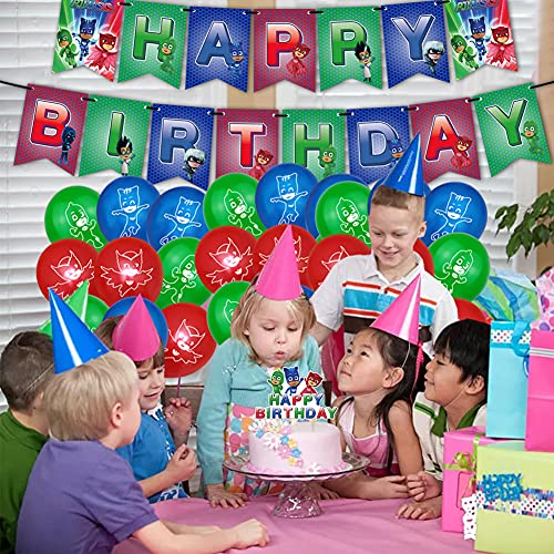 Hilloly 32 pcs PJ Masks Globos Pancarta de Feliz Cumpleaños Adornos para Pastel de Juegos para Niños Cake Topper Pijamas Enmascarados para Fiesta de cumpleaños Decoraciones