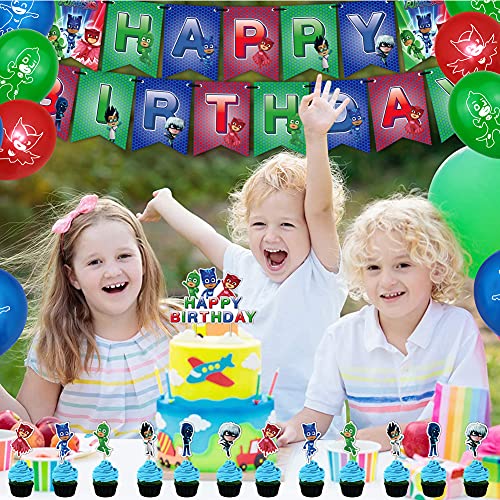 Hilloly 32 pcs PJ Masks Globos Pancarta de Feliz Cumpleaños Adornos para Pastel de Juegos para Niños Cake Topper Pijamas Enmascarados para Fiesta de cumpleaños Decoraciones