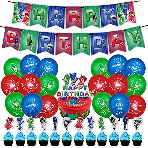 Hilloly 32 pcs PJ Masks Globos Pancarta de Feliz Cumpleaños Adornos para Pastel de Juegos para Niños Cake Topper Pijamas Enmascarados para Fiesta de cumpleaños Decoraciones