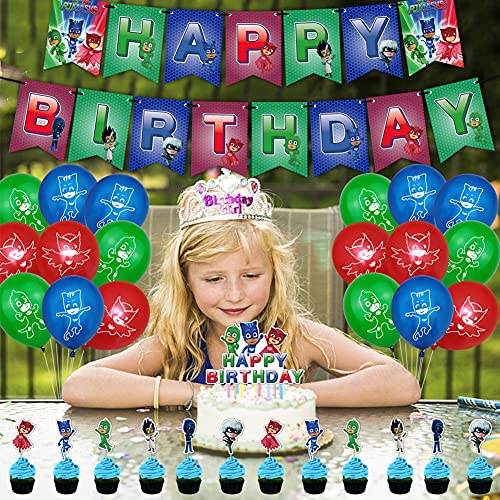 Hilloly 32 pcs PJ Masks Globos Pancarta de Feliz Cumpleaños Adornos para Pastel de Juegos para Niños Cake Topper Pijamas Enmascarados para Fiesta de cumpleaños Decoraciones