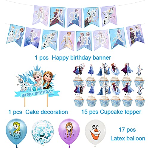 Hilloly Frozen Fiesta Cumpleaños Decoración 34Pcs Decoraciones de Cumpleaños para Niños Congelado Pancarta de Cumpleaños Baby Shower Decoraciones de Fondo Princesa Adornos Tartas Globo