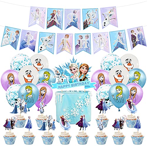 Hilloly Frozen Fiesta Cumpleaños Decoración 34Pcs Decoraciones de Cumpleaños para Niños Congelado Pancarta de Cumpleaños Baby Shower Decoraciones de Fondo Princesa Adornos Tartas Globo