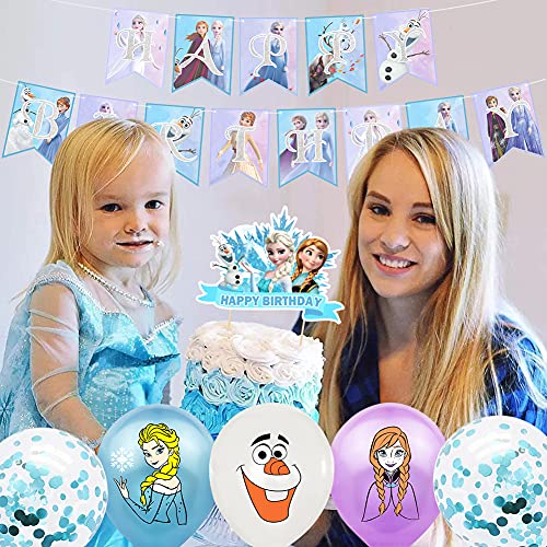 Hilloly Frozen Fiesta Cumpleaños Decoración 34Pcs Decoraciones de Cumpleaños para Niños Congelado Pancarta de Cumpleaños Baby Shower Decoraciones de Fondo Princesa Adornos Tartas Globo