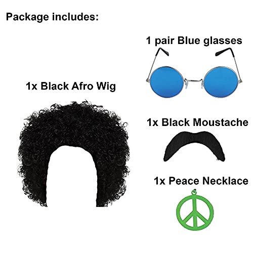 Hippie Hippy Man 1970s Afro Wig Sunglasses Moustache Fancy Dress by Blue Planet Online