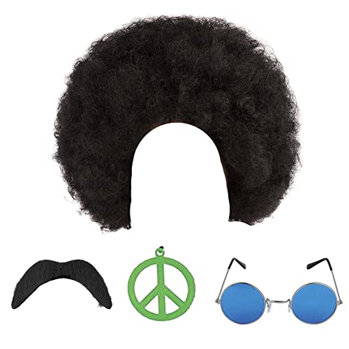 Hippie Hippy Man 1970s Afro Wig Sunglasses Moustache Fancy Dress by Blue Planet Online