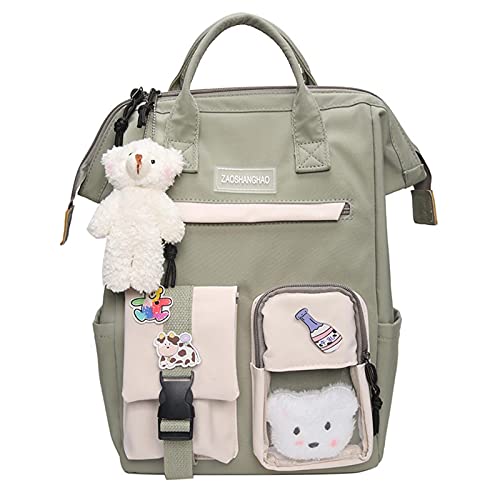 HJKLL Backpack with Kawaii Pin and Cute Accessories, Large Capacity Lightweight School Bag Cute Aesthetic Backpack For Girl Kids Youth Verde Green