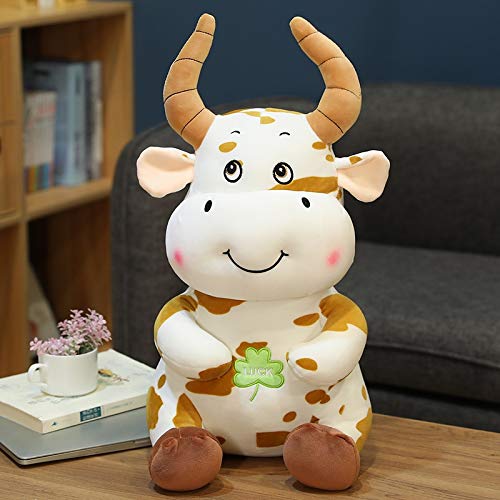 hokkk Año Nuevo del Toro 2021 Símbolo Regalo OX Year Muñeca Sonajero Decoración Kawaii Lucky Four Leaf Clover Vaca Linda Peluches de Peluche de Juguete 30CM Marrón