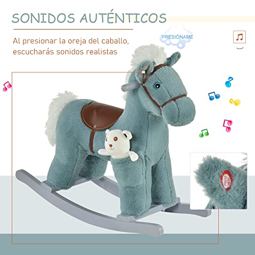 HOMCOM Caballito Balancín para Niños de +3 Meses Caballo Mecedora Felpa con Osito de Peluche Sonidos de Relincho y Galope Base de Madera 65x26x55 cm Azul