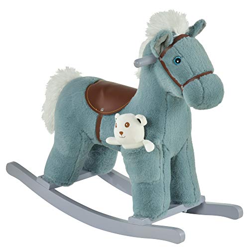 HOMCOM Caballito Balancín para Niños de +3 Meses Caballo Mecedora Felpa con Osito de Peluche Sonidos de Relincho y Galope Base de Madera 65x26x55 cm Azul