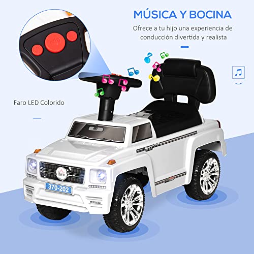 HOMCOM Coche Correpasillos para Bebé de 18-36 Meses Coche sin Pedales con Faros Música Bocina Compartimento de Almacenaje y Respaldo Alto 68x30,5x41,5 cm Blanco