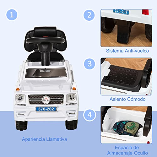 HOMCOM Coche Correpasillos para Bebé de 18-36 Meses Coche sin Pedales con Faros Música Bocina Compartimento de Almacenaje y Respaldo Alto 68x30,5x41,5 cm Blanco