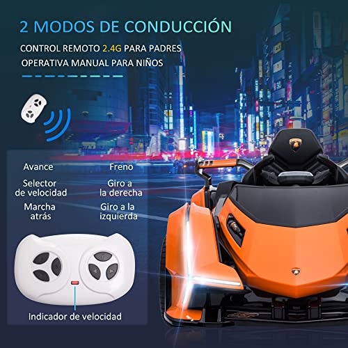 HOMCOM Coche Eléctrico para Niños de +3 Años 12V Licenciado con Mando a Distancia Faros Luz LED Música MP3 USB y Apertura de Puerta 117x66x50 cm Naranja