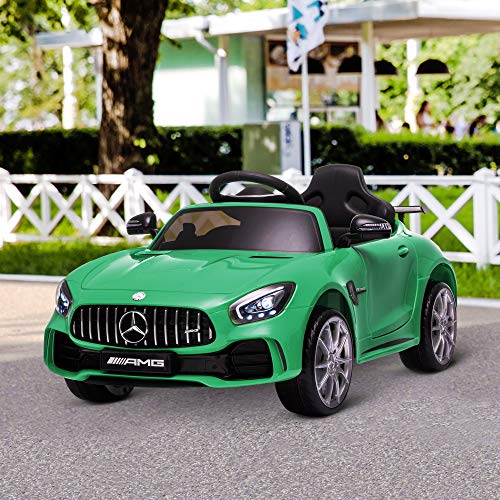 HOMCOM Coche Eléctrico para Niños Mercedes GTR con Licencia +3 Años Batería 12V con Mando a Distancia Música Faros Puerta de Doble Apertura Carga 25kg 105x58x45 cm Verde