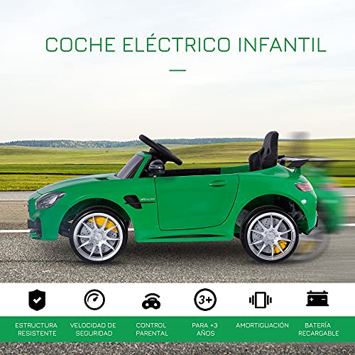 HOMCOM Coche Eléctrico para Niños Mercedes GTR con Licencia +3 Años Batería 12V con Mando a Distancia Música Faros Puerta de Doble Apertura Carga 25kg 105x58x45 cm Verde