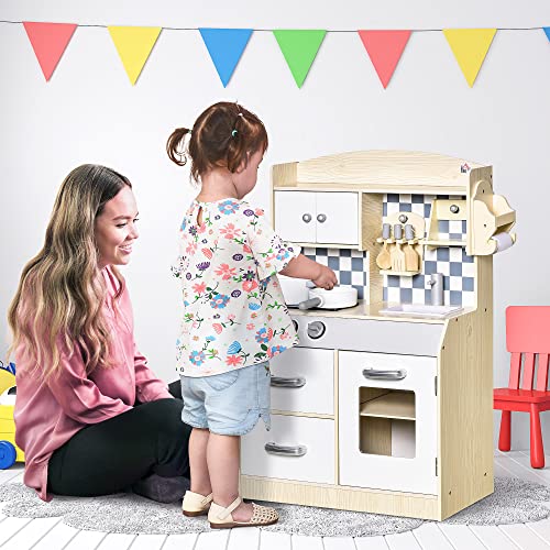 HOMCOM Cocina de Juguete de Madera para Niños +3 Años con 5 Accesorios Cocinita Infantil con 2 Armarios 2 Cajones Grifo Simulado y Soporte para Papel 54,5x29x80 cm Natural