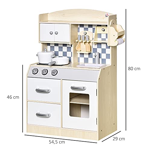 HOMCOM Cocina de Juguete de Madera para Niños +3 Años con 5 Accesorios Cocinita Infantil con 2 Armarios 2 Cajones Grifo Simulado y Soporte para Papel 54,5x29x80 cm Natural