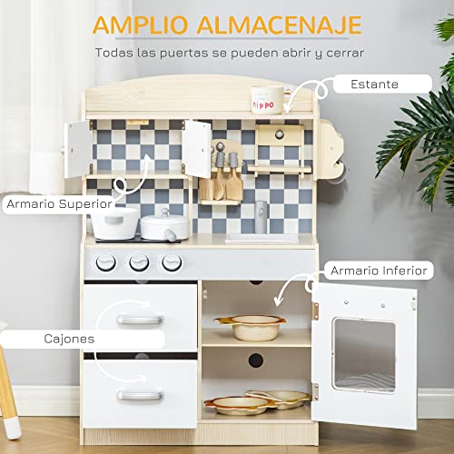 HOMCOM Cocina de Juguete de Madera para Niños +3 Años con 5 Accesorios Cocinita Infantil con 2 Armarios 2 Cajones Grifo Simulado y Soporte para Papel 54,5x29x80 cm Natural