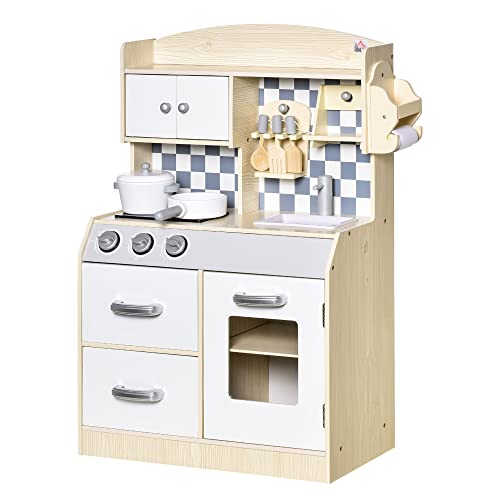 HOMCOM Cocina de Juguete de Madera para Niños +3 Años con 5 Accesorios Cocinita Infantil con 2 Armarios 2 Cajones Grifo Simulado y Soporte para Papel 54,5x29x80 cm Natural