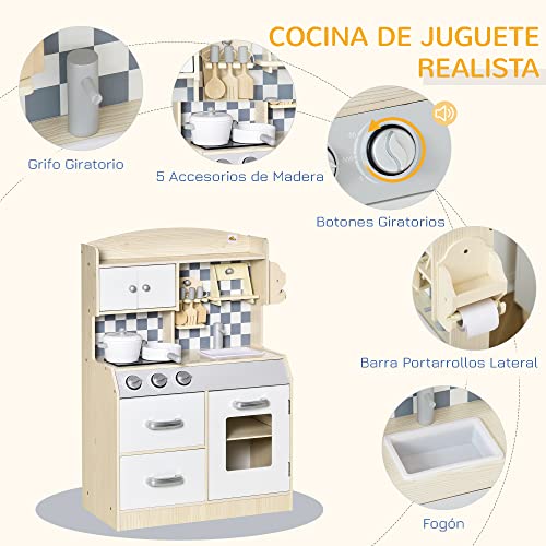 HOMCOM Cocina de Juguete de Madera para Niños +3 Años con 5 Accesorios Cocinita Infantil con 2 Armarios 2 Cajones Grifo Simulado y Soporte para Papel 54,5x29x80 cm Natural