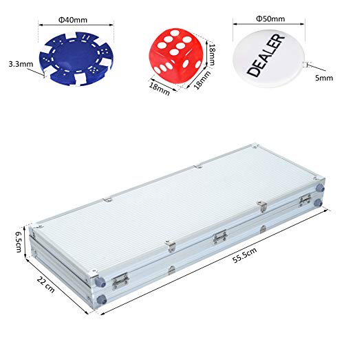 HOMCOM Maletín de Poker Profesional con 500 Fichas y 2 Barajas Juego Set de Poker Casino Aluminio 5 Dados, 2 Barajas y 1 Ficha de Crupier